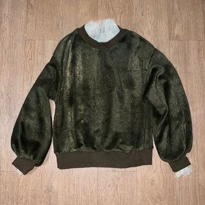 Olive green and gold corduroy crew neck sweatshirt with cream mesh trims